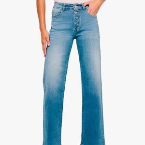 Wide Leg Jeans Stretchy High Waisted Straight Leg Button Fly Closure Front